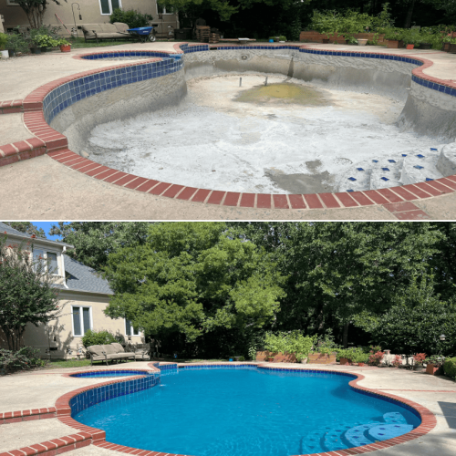 Before and after swimming pool renovation showing a drained and damaged inground pool transformed into a fully restored and filled blue backyard pool with brick coping and landscaping.